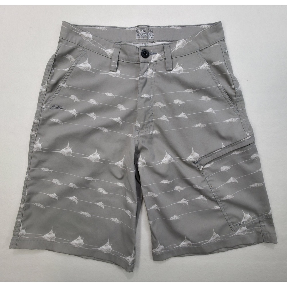 Huk Fishing Cargo Shorts‎ Mens 28 (30) Fish Print Performance Polyester Blend